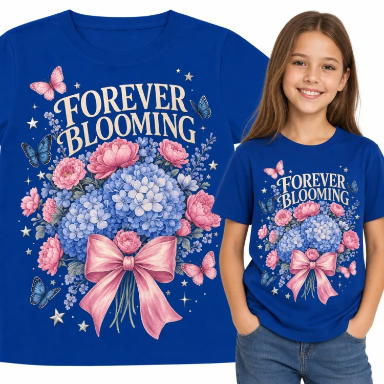 Koszulka dziewczęca „Forever blooming” - bukiet hortensji i piwonii z kokardą