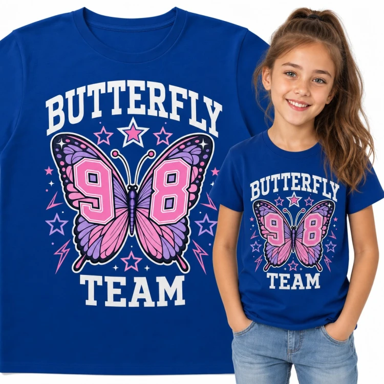 Koszulka dziewczęca „Butterfly Team” - motyl z numerem 98 i gwiazdkami