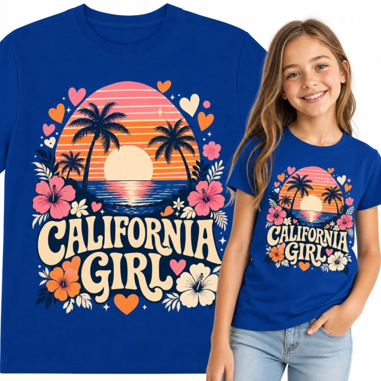 Koszulka dziewczęca „California Girl” - zachód słońca z palmami i hibiskusami