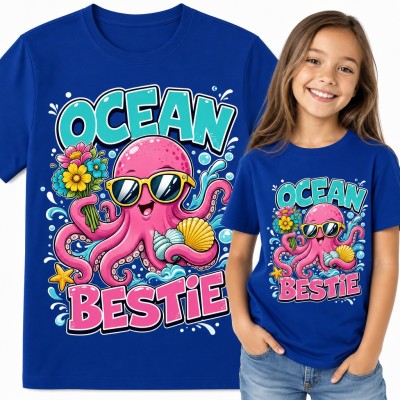 Koszulka dziewczęca „Ocean Bestie” - różowa ośmiornica w okularach z bukietem kwiatów