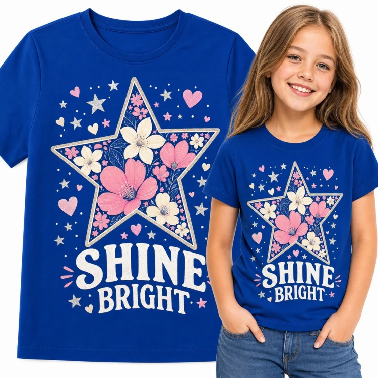 Koszulka dziewczęca „Shine Bright” - kwiatowa gwiazda w serduszkach