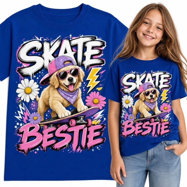 Koszulka dziewczęca „Skate Bestie” - piesek golden retriever na deskorolce