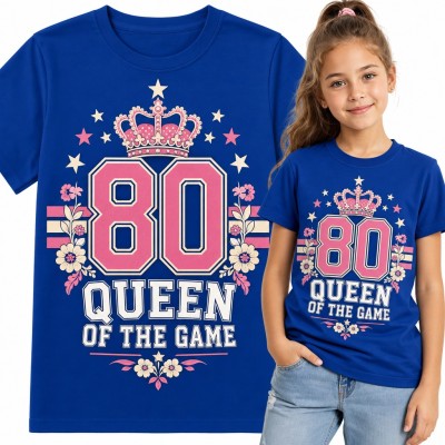 Koszulka dziewczęca „80 Queen of the game” - korona, gwiazdy i kwiaty w stylu college