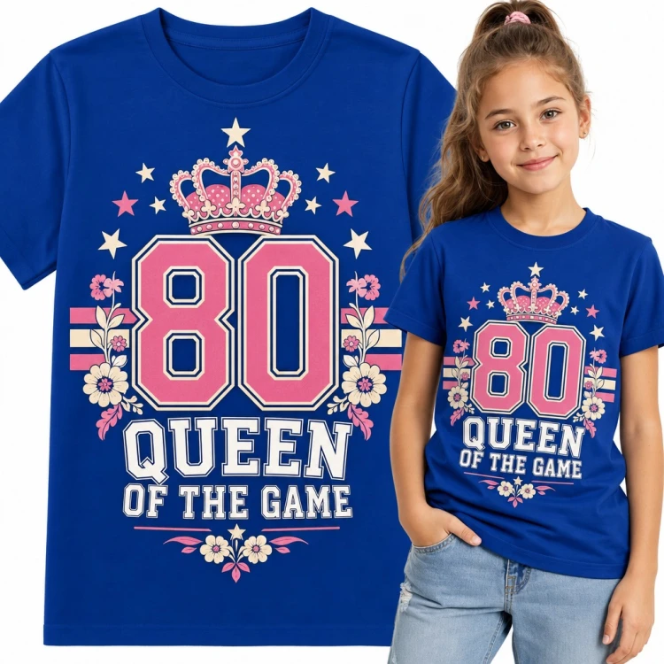 Koszulka dziewczęca „80 Queen of the game” - korona, gwiazdy i kwiaty w stylu college