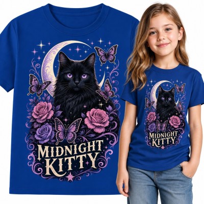 Koszulka dziewczęca z czarnym kotem, księżycem i motylami „Midnight Kitty”