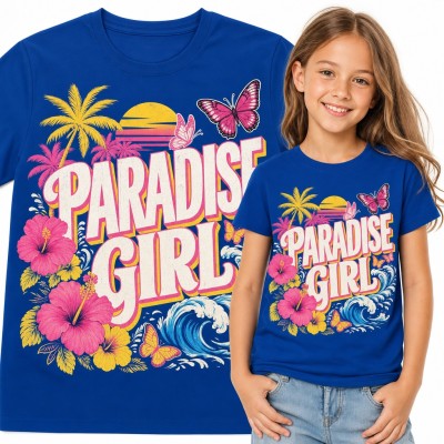 Koszulka dziewczęca „Paradise Girl” - tropikalne hibiskusy, palmy i motyle