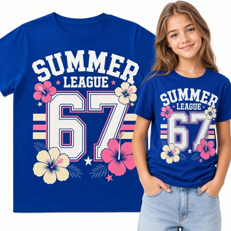 Koszulka dziewczęca „Summer League 67” - hibiskusy i styl college