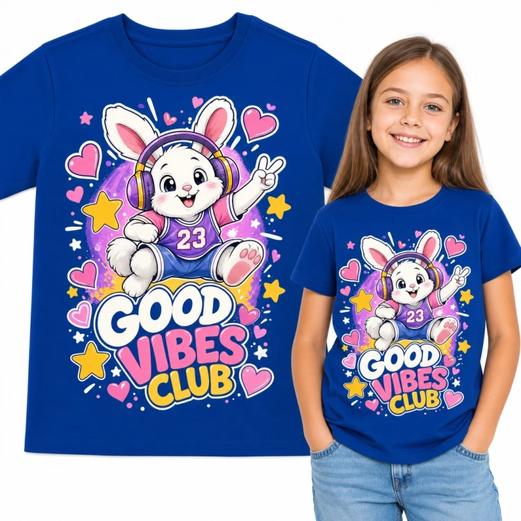 Koszulka dziewczęca „Good Vibes Club” - króliczek w słuchawkach