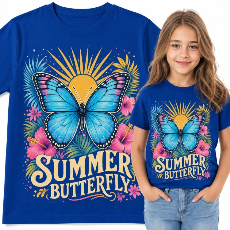 Koszulka dziewczęca z motylem i hibiskusami „Summer butterfly”