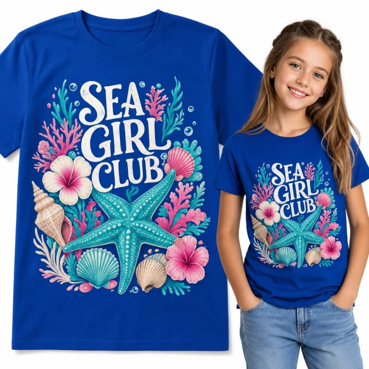 Koszulka dziewczęca „Sea Girl Club” z rozgwiazdą i muszlami
