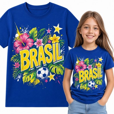 Koszulka dziewczęca „Brasil” z piłką nożną i tropikalnymi kwiatami