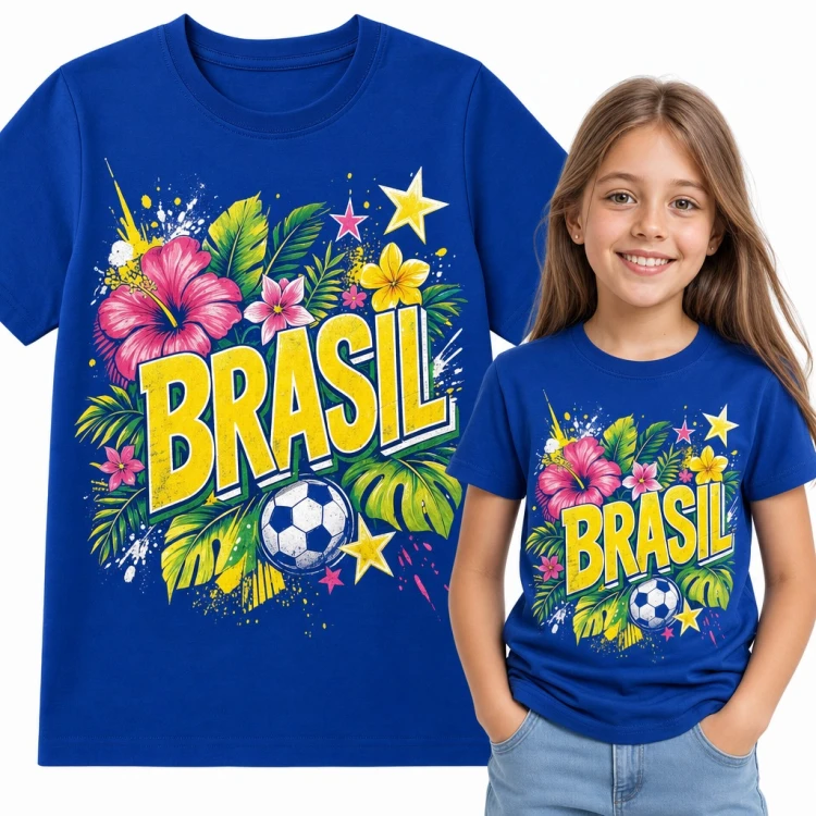 Koszulka dziewczęca „Brasil” z piłką nożną i tropikalnymi kwiatami