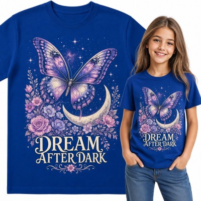Koszulka dziewczęca z motylem i księżycem „Dream after dark” - kwiaty i gwiazdy