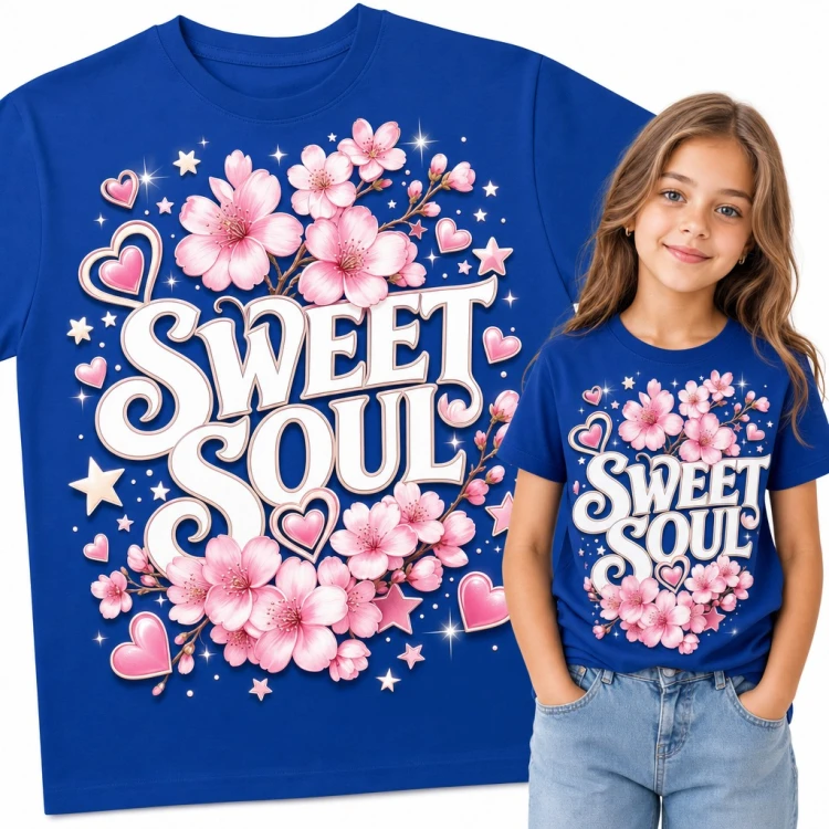 Koszulka dziewczęca „Sweet Soul” - kwiaty wiśni, serca i gwiazdki