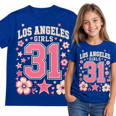 Koszulka dziewczęca „Los Angeles Girls 31” - numer varsity w kwiatach i gwiazdkach