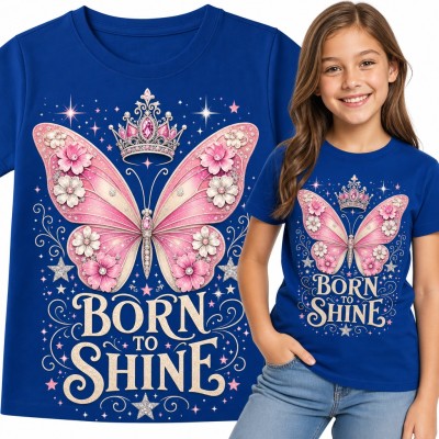 Koszulka dziewczęca „Born to Shine” - różowy motyl z koroną i kwiatami