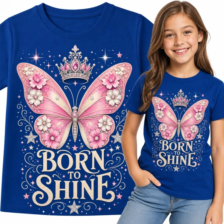 Koszulka dziewczęca „Born to Shine” - różowy motyl z koroną i kwiatami