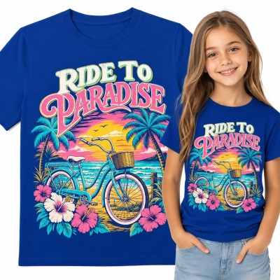 Koszulka dziewczęca „Ride to Paradise” - rower na tropikalnej plaży z hibiskusami