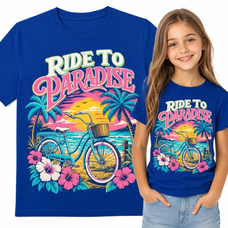 Koszulka dziewczęca „Ride to Paradise” - rower na tropikalnej plaży z hibiskusami