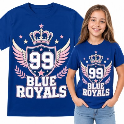 Koszulka dziewczęca „99 Blue Royals” - herb z koroną i skrzydłami w stylu college