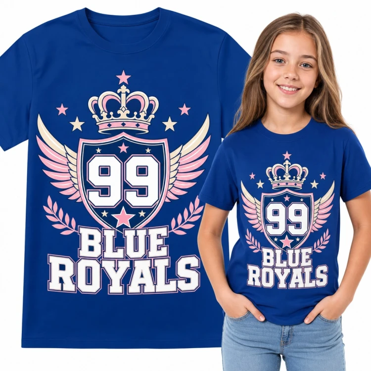 Koszulka dziewczęca „99 Blue Royals” - herb z koroną i skrzydłami w stylu college
