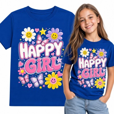 Koszulka dziewczęca „Happy Girl” - uśmiechnięte kwiatki i motyle