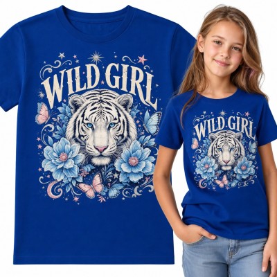 Koszulka dziewczęca z białym tygrysem „Wild girl” - kwiaty i motyle
