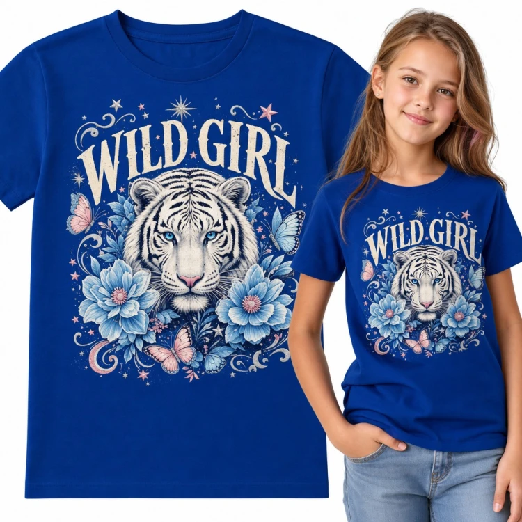Koszulka dziewczęca z białym tygrysem „Wild girl” - kwiaty i motyle