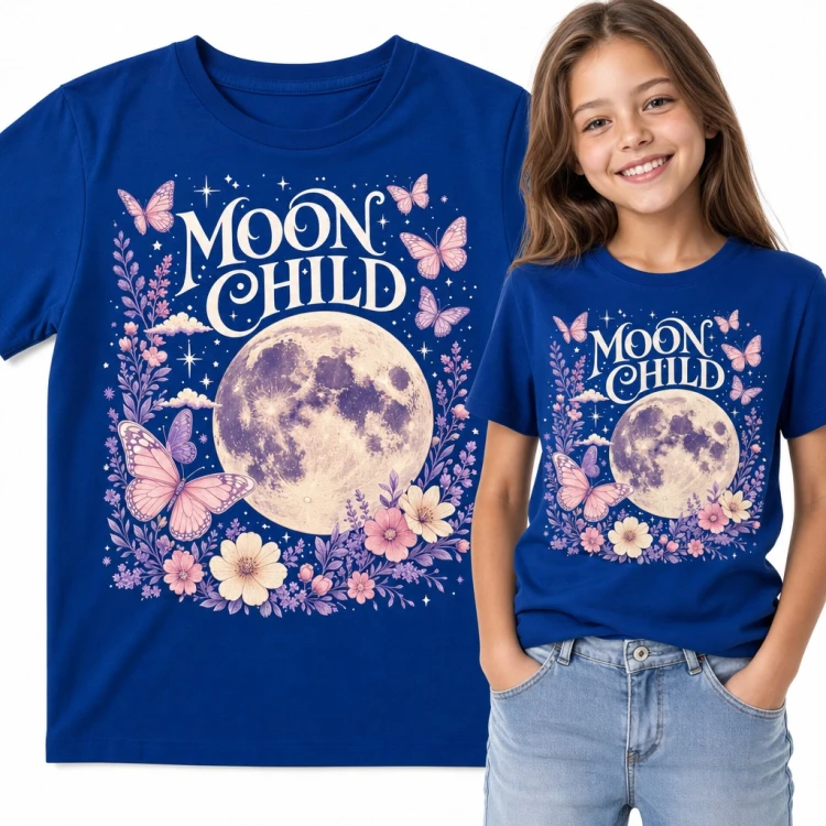 Koszulka dziewczęca „Moon Child” - księżyc w pełni z motylami i kwiatami