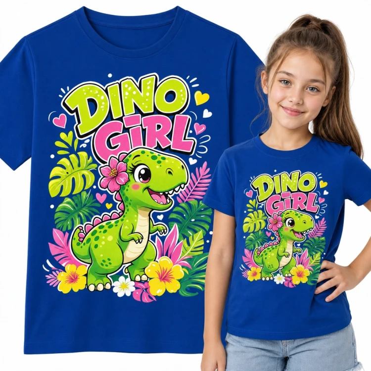 Koszulka dziewczęca „Dino Girl” - dinozaur T-rex z hibiskusem wśród tropików