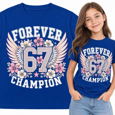 Koszulka dziewczęca „Forever 67 Champion” - mem six seven ze skrzydłami i kwiatami