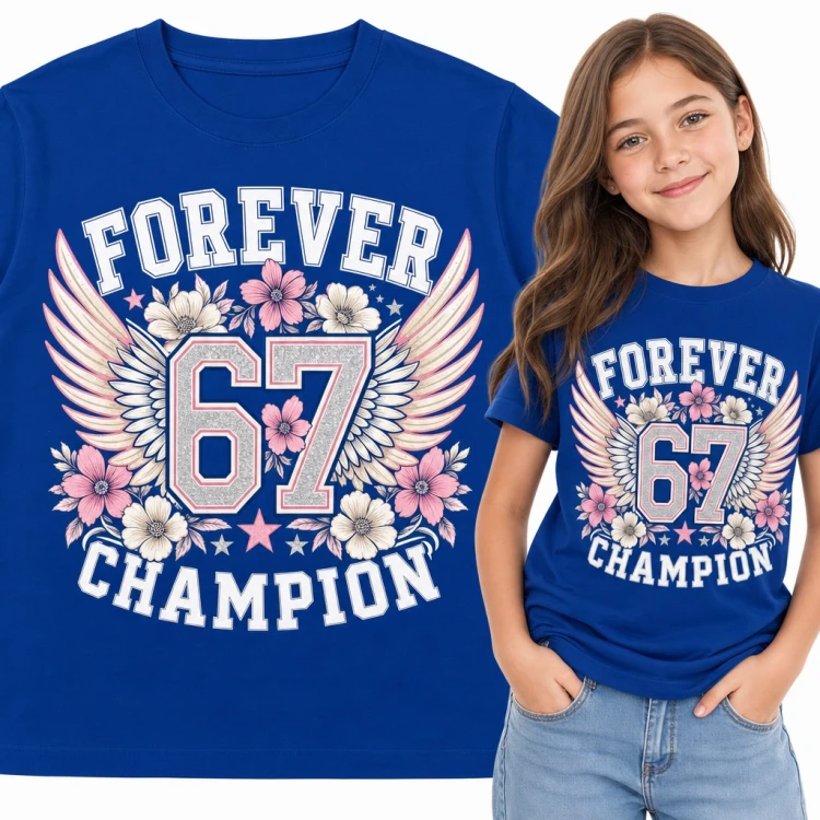 Koszulka dziewczęca „Forever 67 Champion” - mem six seven ze skrzydłami i kwiatami