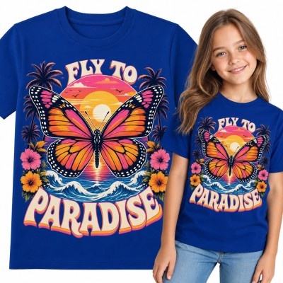 Koszulka dziewczęca z motylem i tropikalnym zachodem słońca „Fly to Paradise”