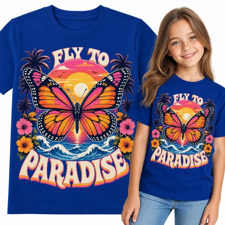 Koszulka dziewczęca z motylem i tropikalnym zachodem słońca „Fly to Paradise”