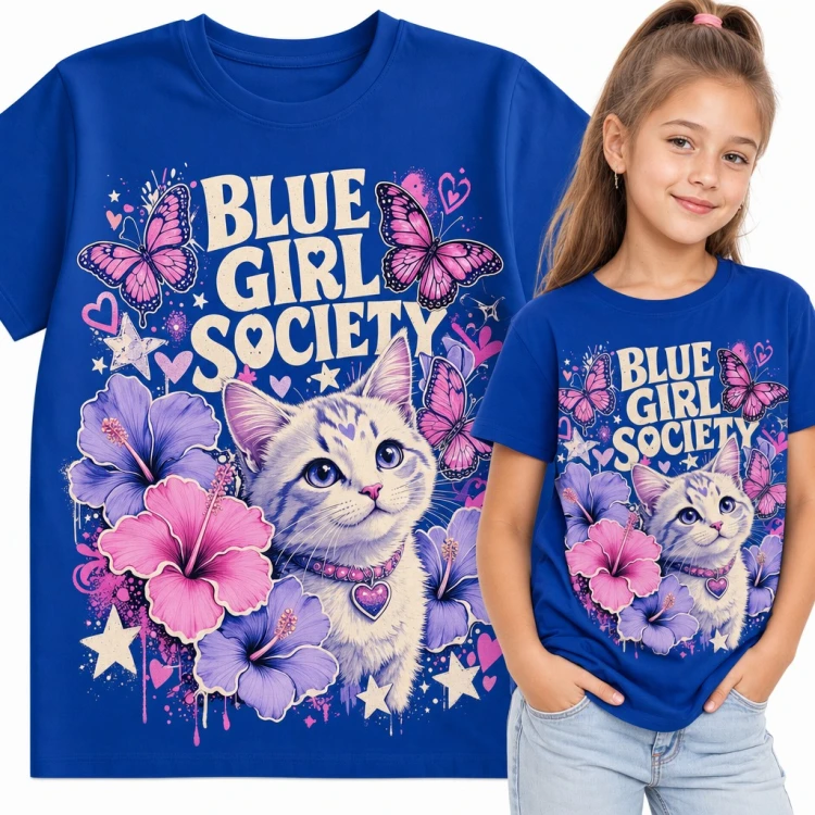 Koszulka dziewczęca „Blue Girl Society” - kotek z motylami i hibiskusem