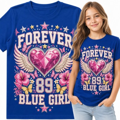 Koszulka dziewczęca „Forever 89 Blue Girl” - kryształowe serce ze skrzydłami i motylami