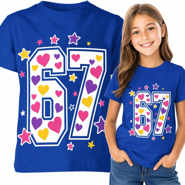 Koszulka dziewczęca „67” - mem Six Seven z serduszkami i gwiazdkami
