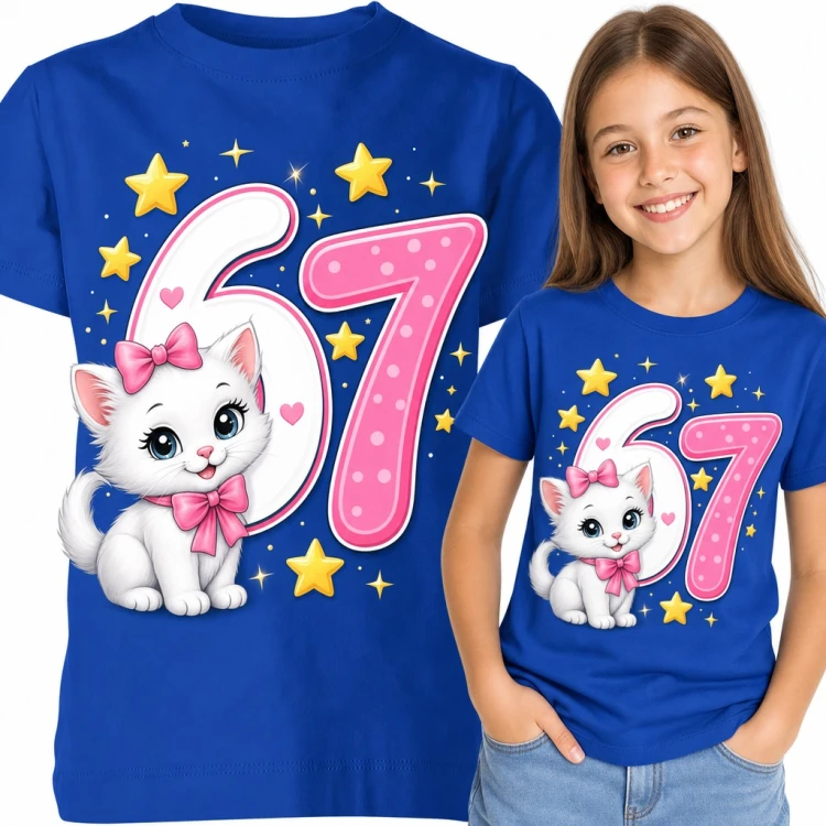 Koszulka dziewczęca „67” z białym kotkiem w kokardzie - mem Six Seven