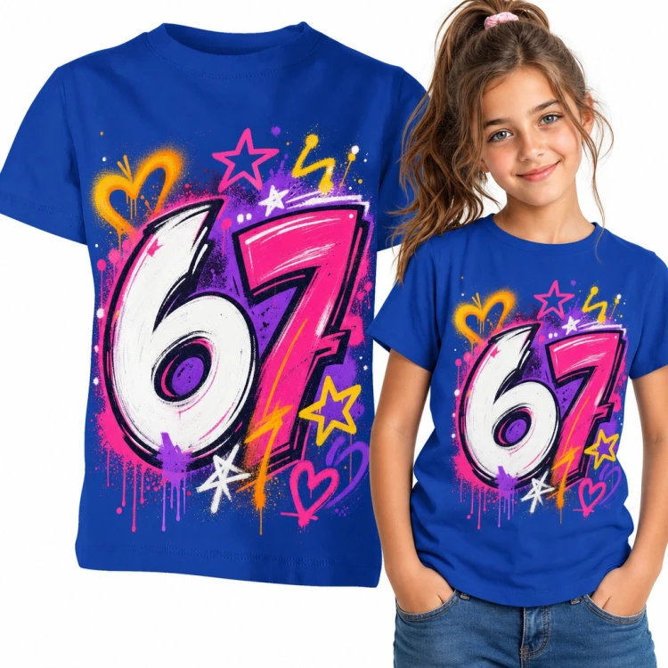 Koszulka dziewczęca „67” - mem Six Seven w stylu graffiti z serduszkami
