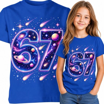 Koszulka dziewczęca „67” - neonowe cyfry z planetami i kometami