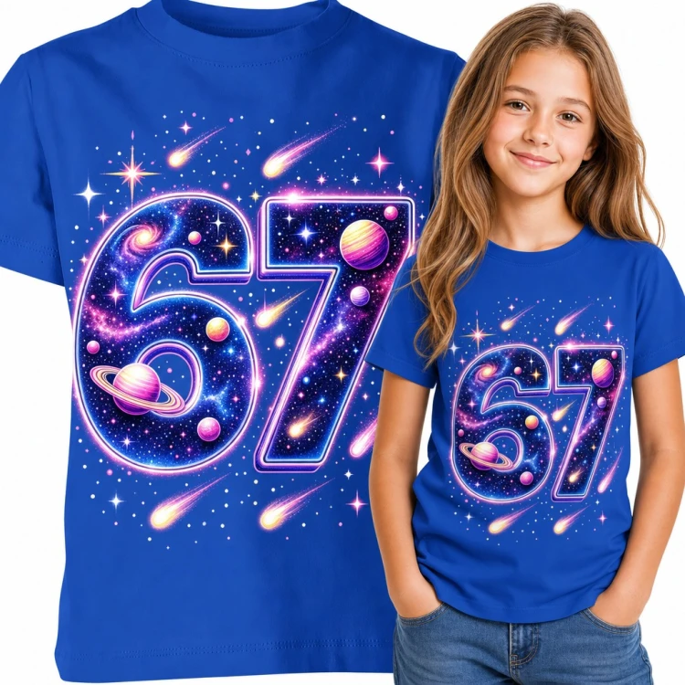 Koszulka dziewczęca „67” - neonowe cyfry z planetami i kometami