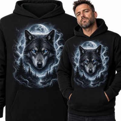 Bluza męska z kapturem - wilk o niebieskich oczach na tle pełni księżyca