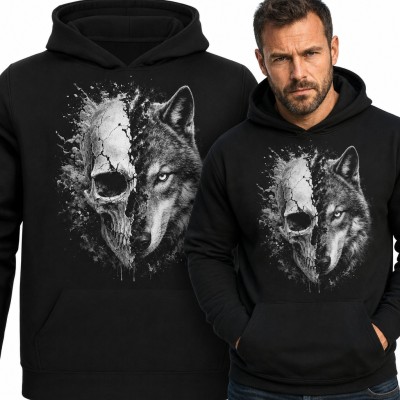 Bluza męska z kapturem - wilk i pękająca czaszka w czarno-białej grafice