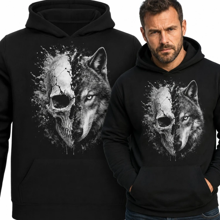 Bluza męska z kapturem - wilk i pękająca czaszka w czarno-białej grafice