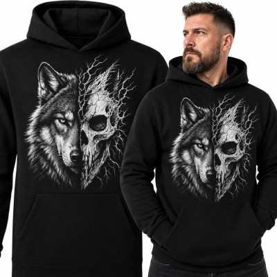Bluza męska z kapturem - wilk z połową czaszki i pękającymi gałęziami
