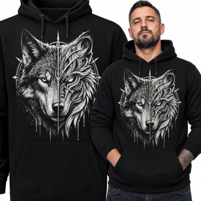 Bluza męska z kapturem - pół realistyczny, pół ornamentalny wilk ze świecącym okiem