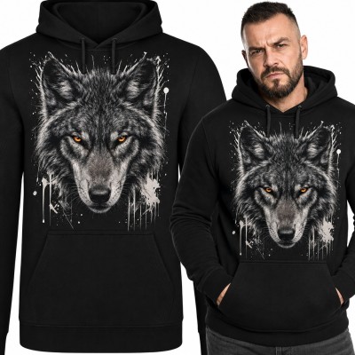 Bluza męska z kapturem - głowa wilka z bursztynowymi oczami i rozpryskami farby