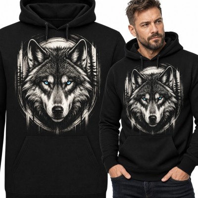 Bluza męska z kapturem - głowa wilka o niebieskich oczach na tle księżyca