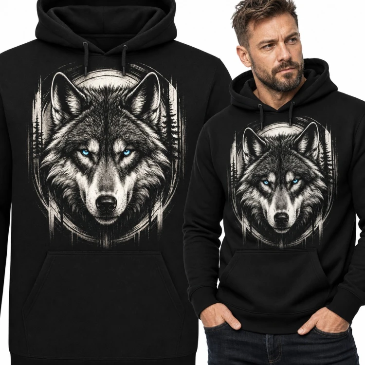 Bluza męska z kapturem - głowa wilka o niebieskich oczach na tle księżyca