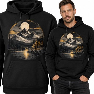 Bluza męska z kapturem - górski pejzaż z pełnią księżyca nad jeziorem